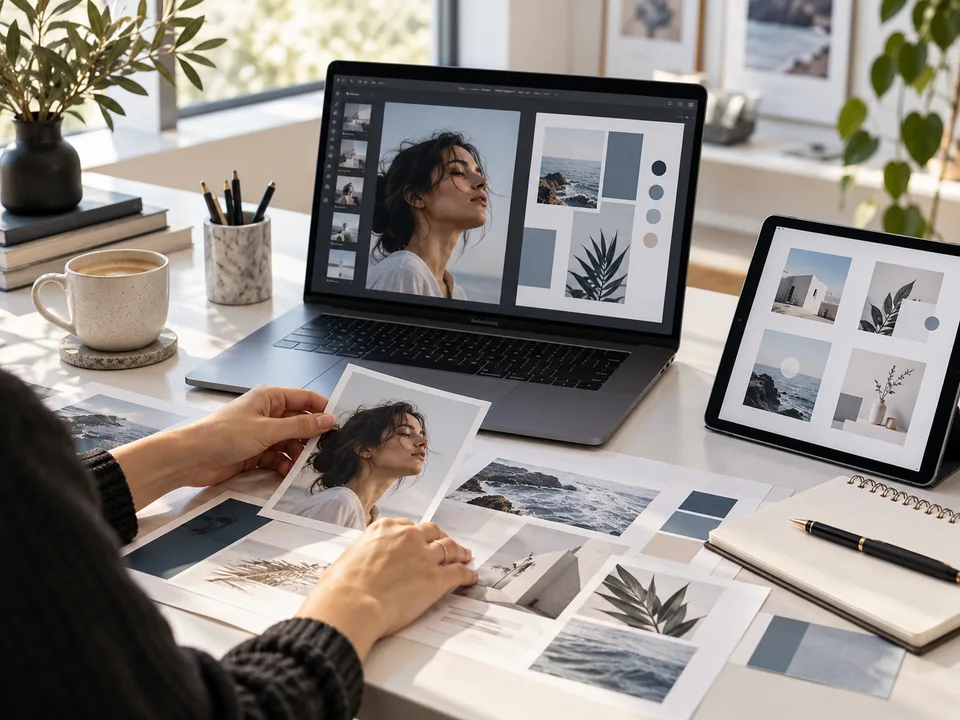 Estação de criação de materiais visuais com imagens e layouts.
