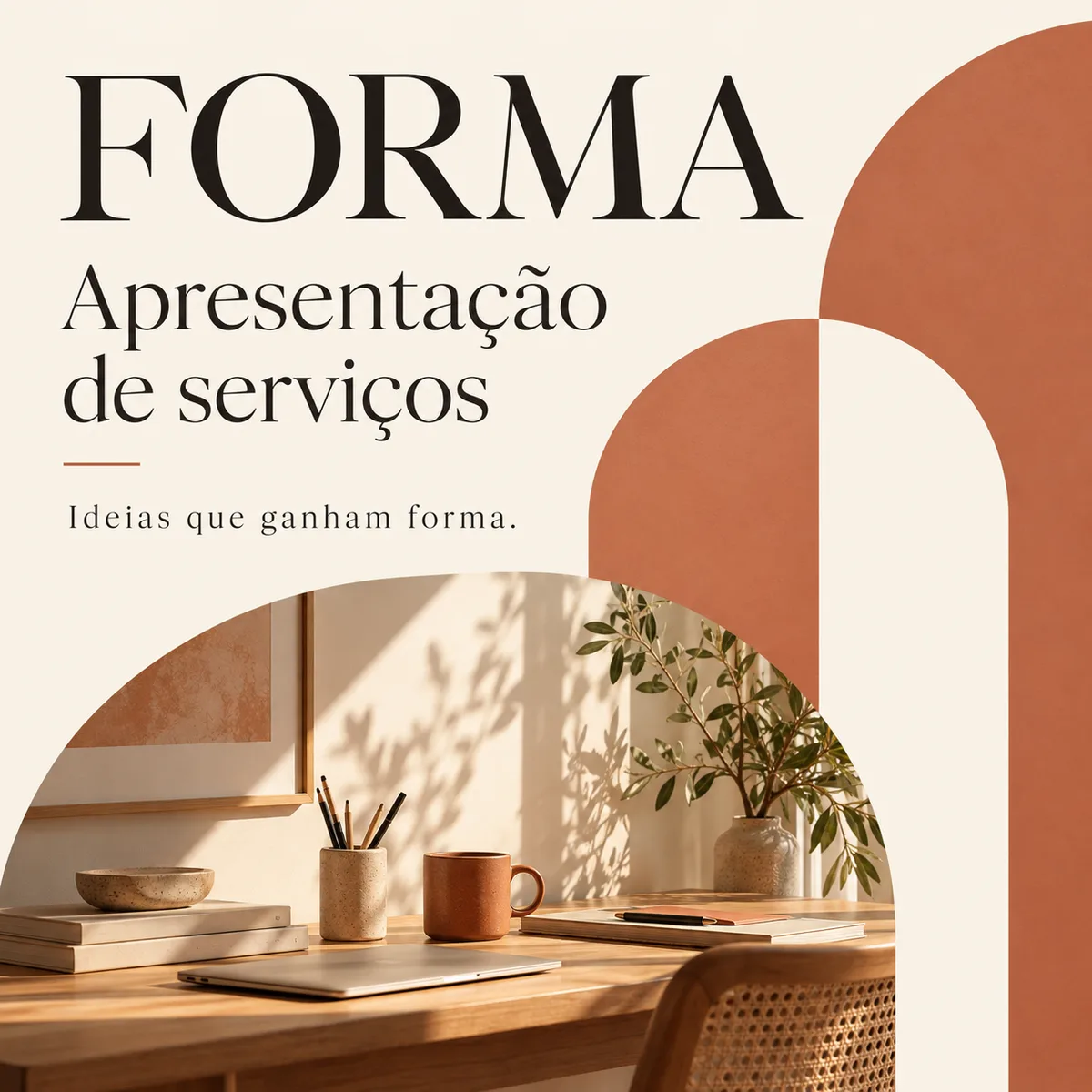 Capa de apresentação de serviços Forma com composição editorial e formas em terracota.