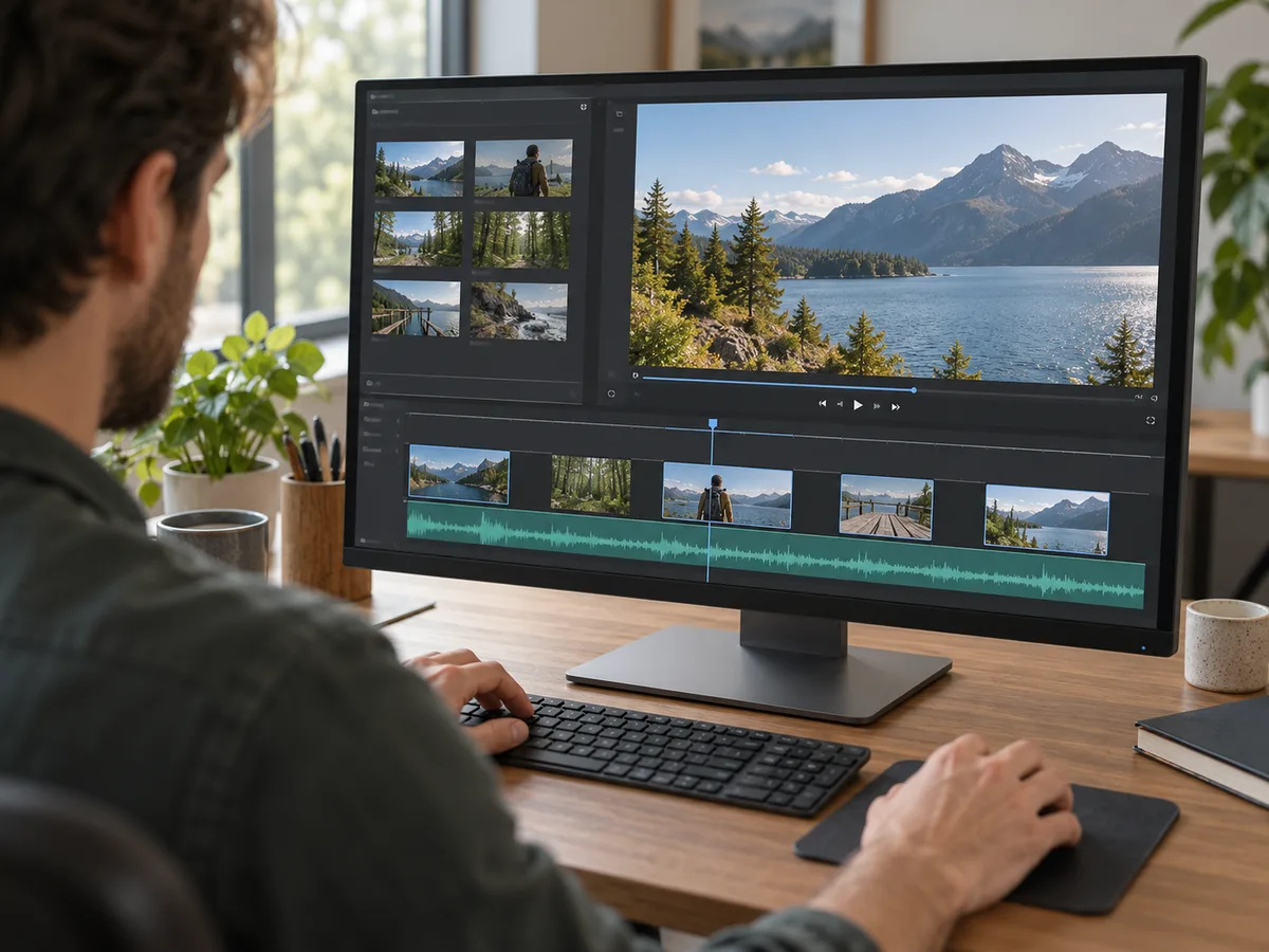Painel de edição com trechos separados na linha do tempo e uma prévia do vídeo.