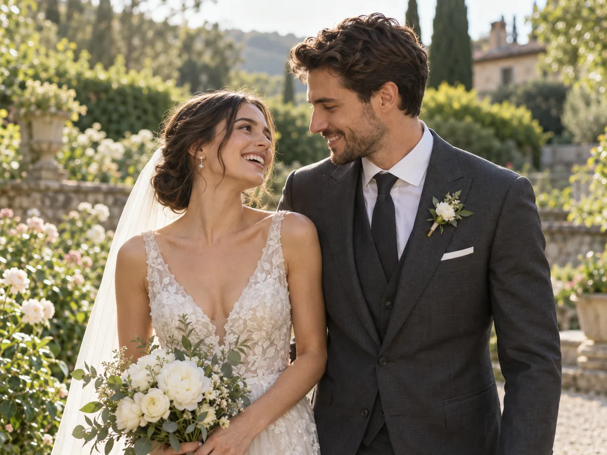 Casal adulto em um ensaio de casamento no jardim.
