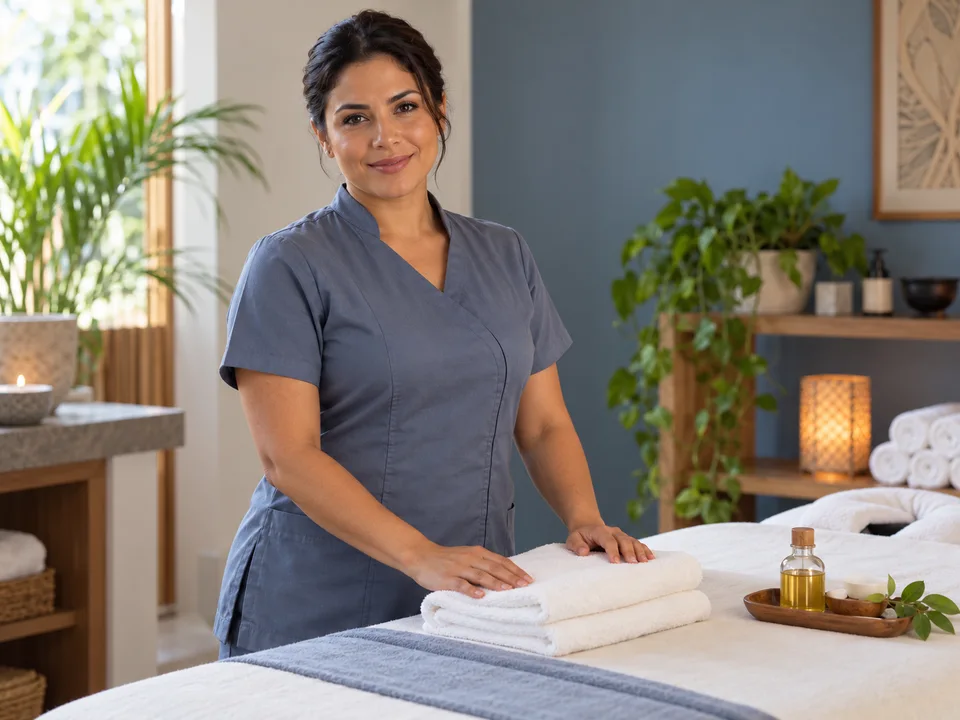 Profissional de massoterapia em uma sala de atendimento.